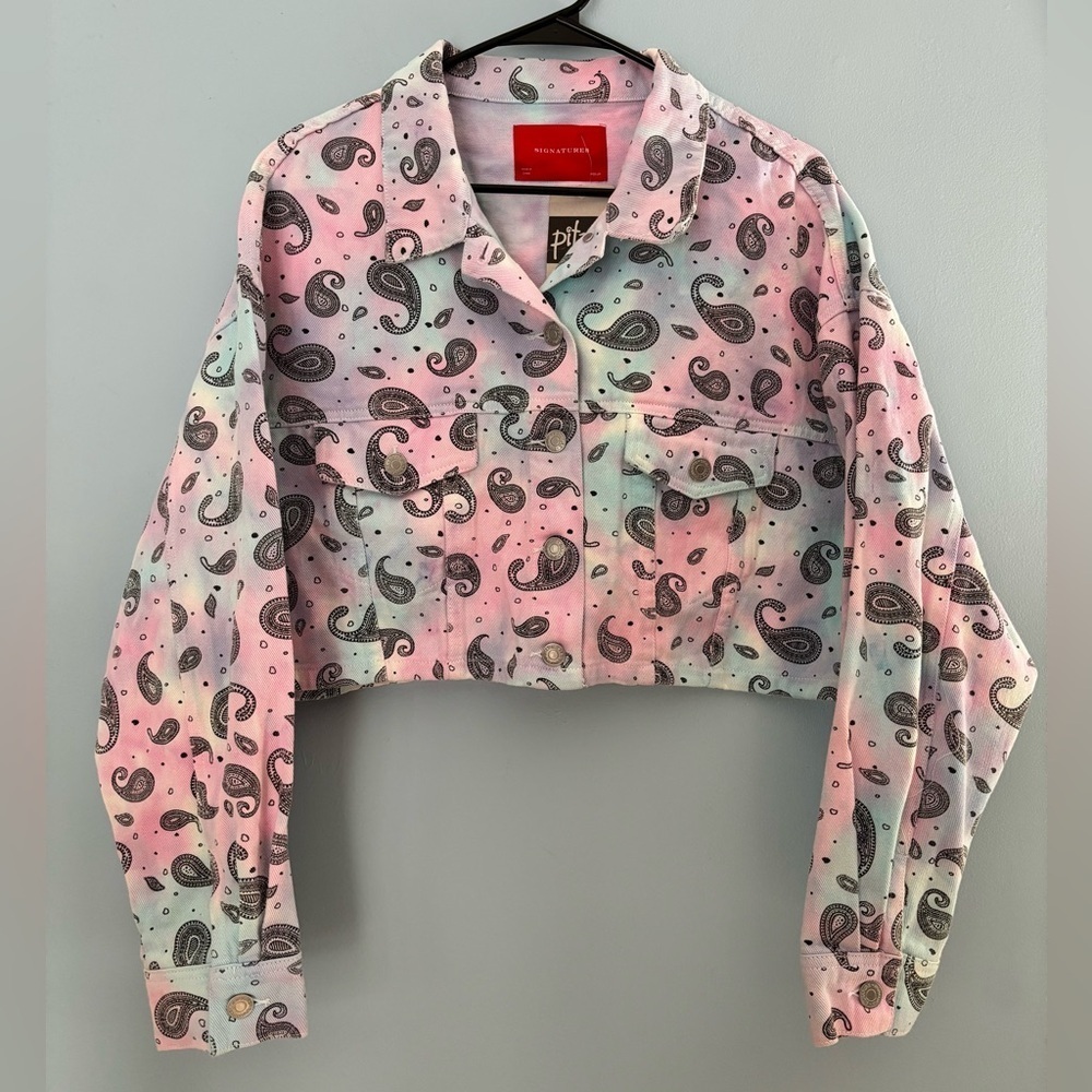 NEW Signature8 Women Cropped Denim Jacket Paisley Print Tie Dye Size Medium
